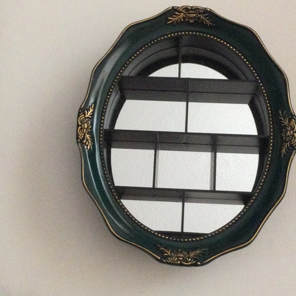 Decorative Dark Green Oval Wall Trinket Shelf with a Mirror Backing Gold Accents
